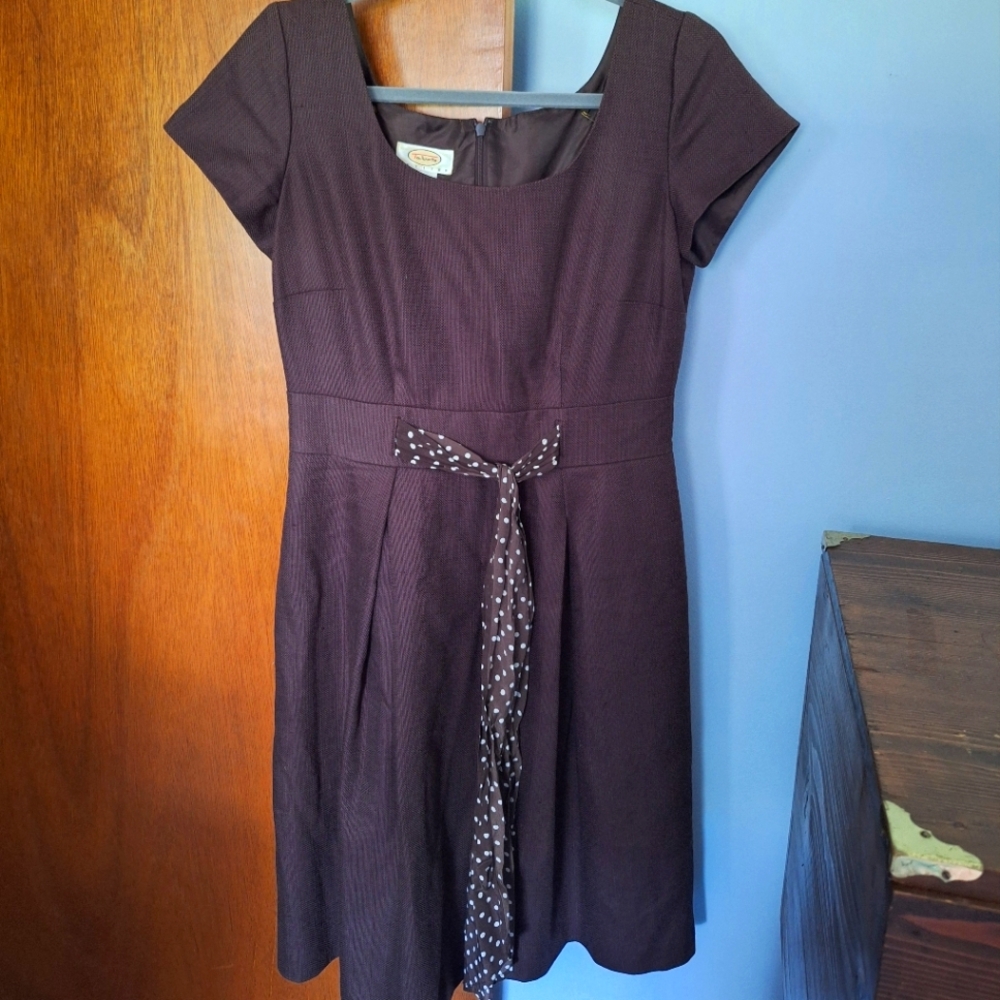 Final Price* Talbots Brown Midi Dress Polka Dot Belt Cap Sleeved Size 8 Petite
